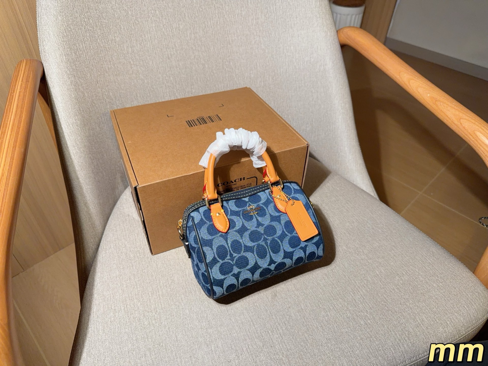 203 | Coach | Chambray | Mini Rowan Denim Boston Pillow Bag | Size 17×13×10 | Gift Box Packagingmm