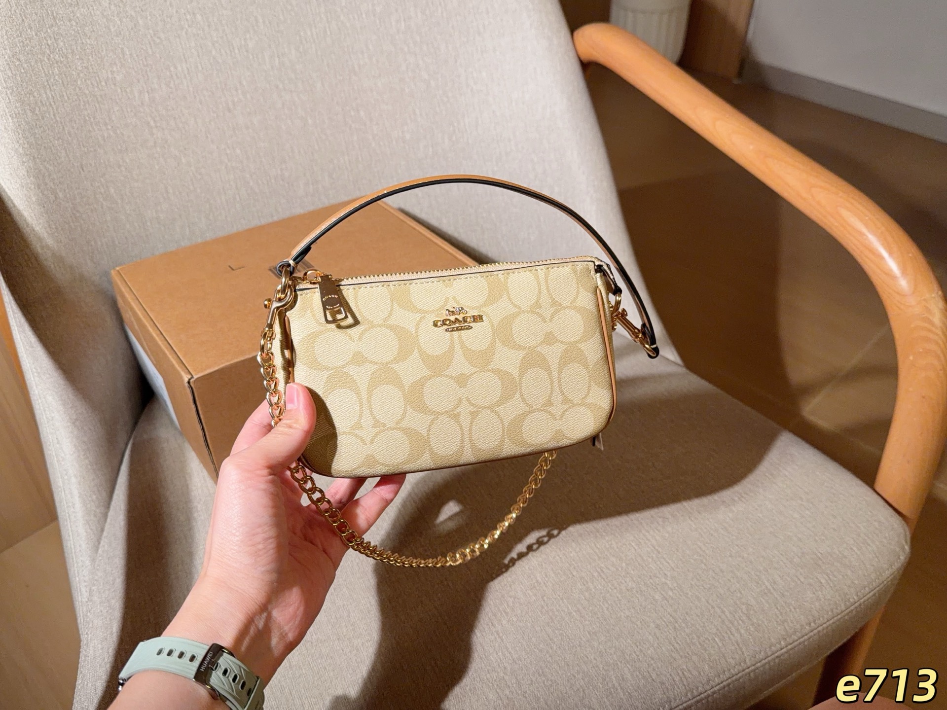 Coach Light khaki signature monogram mini shoulder
