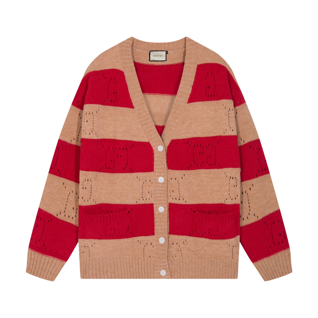 Gucci Red Brown Striped Wool Sweater Coat in Sizes SM, L, XL, XXL - 图片 1