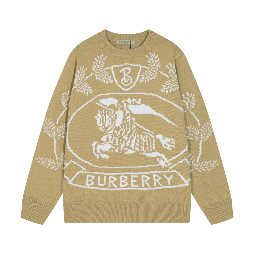Suéter de punto de lana con jacquard clásico de caballo y espigas de BURBERRY. Colores: albaricoque, marrón, azul marin…