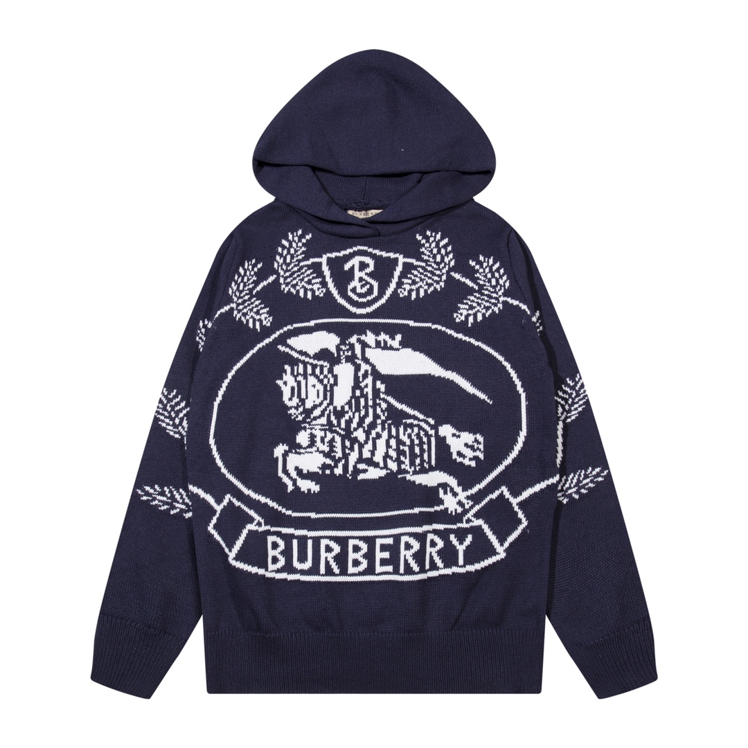 Suéter tipo sudadera de punto con jacquard de caballo y espigas con capucha de BURBERRY. Colores: albaricoque, marrón, …