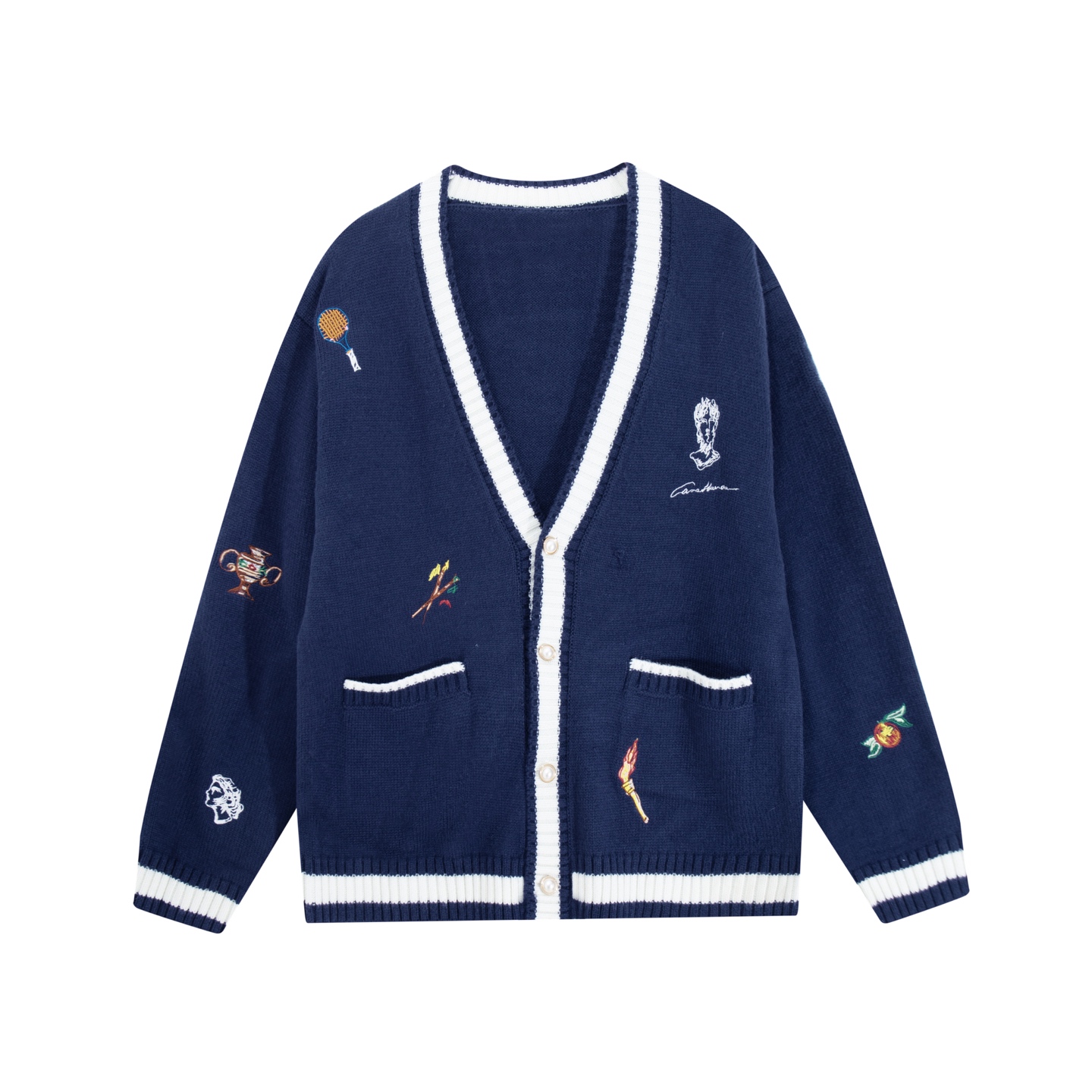 P200 Casablanca Casablanca, nueva chaqueta de punto con cuello en V y bordado de raqueta de tenis, color: azu…