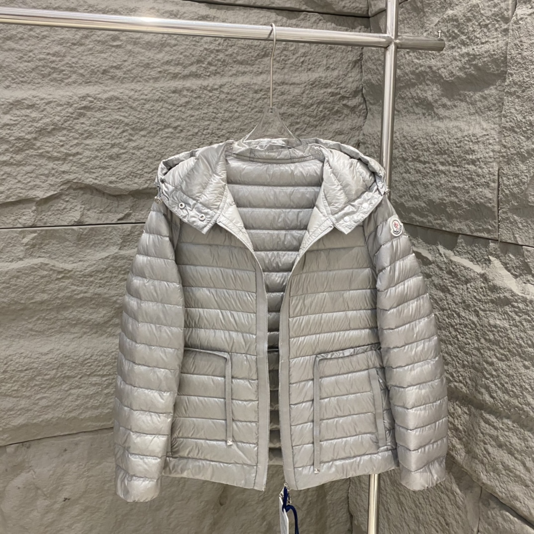 Moncler Raie Short Down Jacket: sleek, lightweight nylon with waist drawstring. Colors: black/gray/purple. Sizes: 0-12.-Big cat