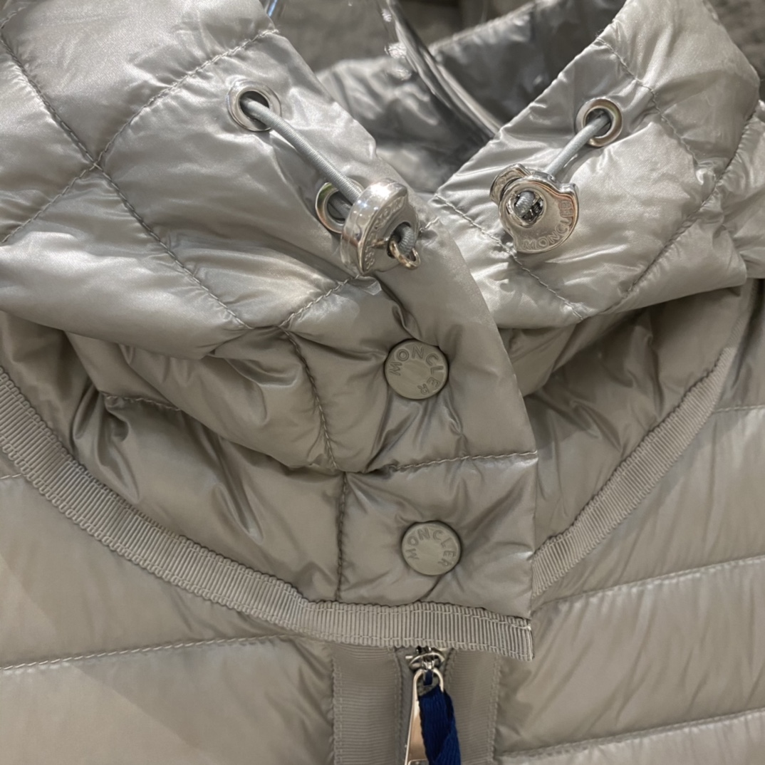 Moncler Raie Short Down Jacket: sleek, lightweight nylon with waist drawstring. Colors: black/gray/purple. Sizes: 0-12.-Big cat