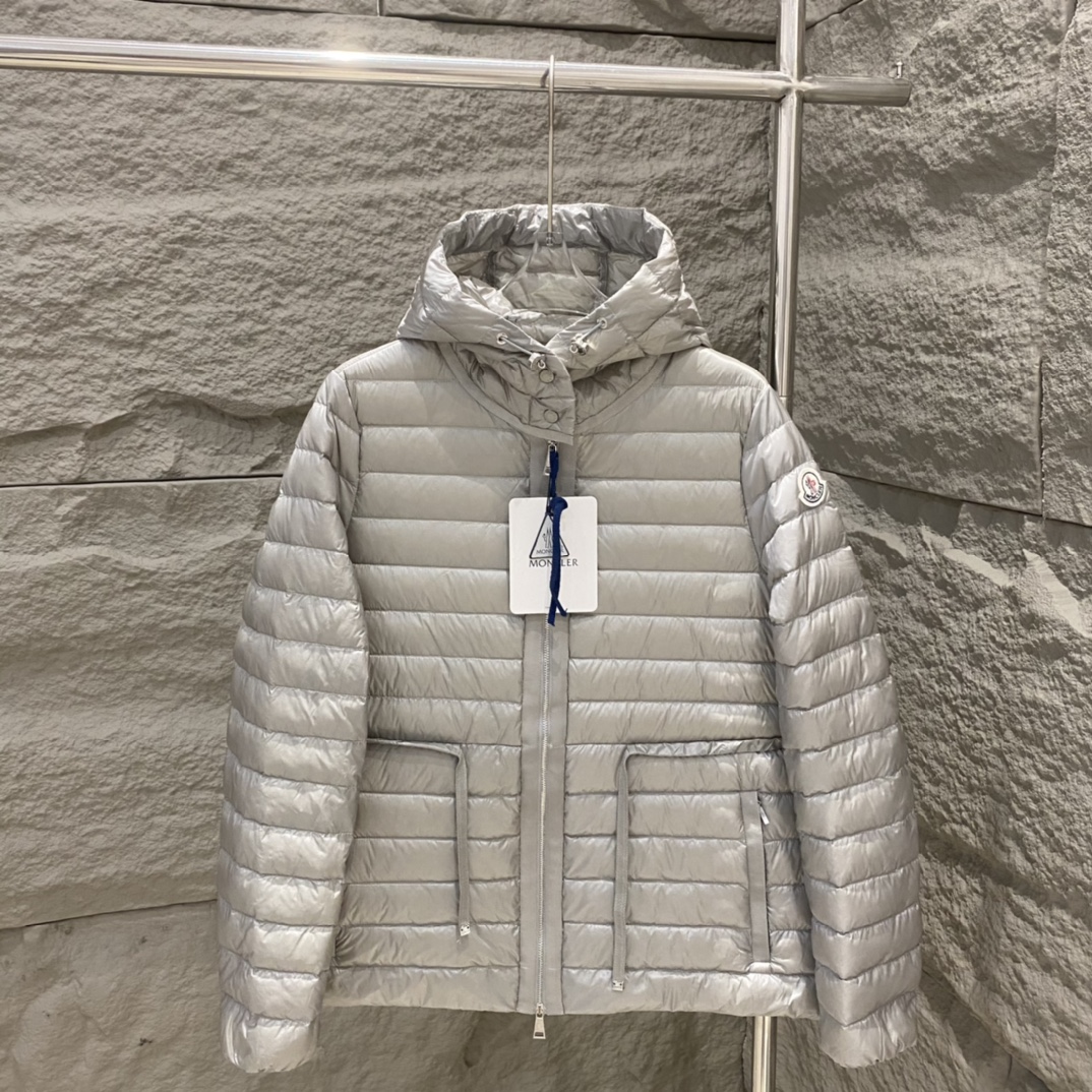 Moncler Raie Short Down Jacket: sleek, lightweight nylon with waist drawstring. Colors: black/gray/purple. Sizes: 0-12.-Big cat