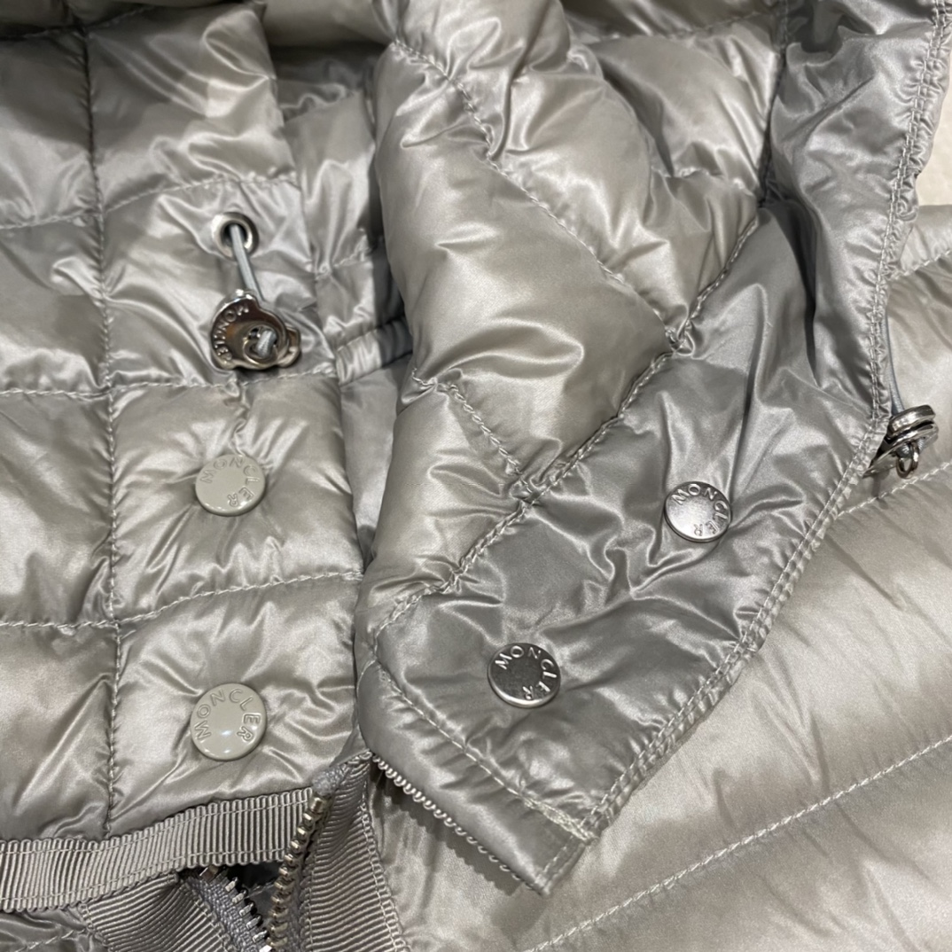 Moncler Raie Short Down Jacket: sleek, lightweight nylon with waist drawstring. Colors: black/gray/purple. Sizes: 0-12.-Big cat