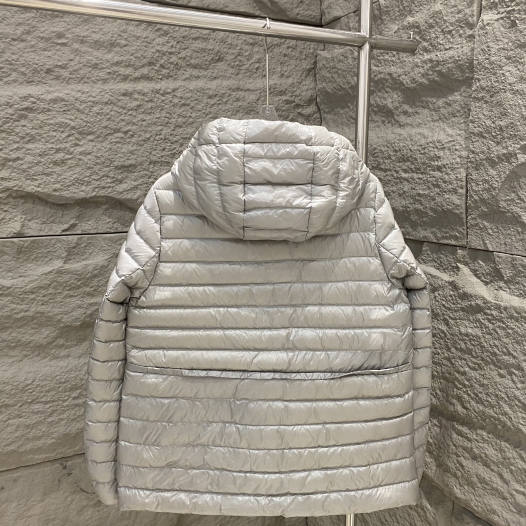 Moncler Raie Short Down Jacket: sleek, lightweight nylon with waist drawstring. Colors: black/gray/purple. Sizes: 0-12.-Big cat