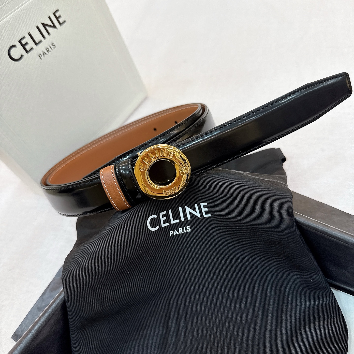 -Celine 同心圆凯旋门家TRIOMPHE搭扣 铜钱扣25毫米双面腰带 双面腰带