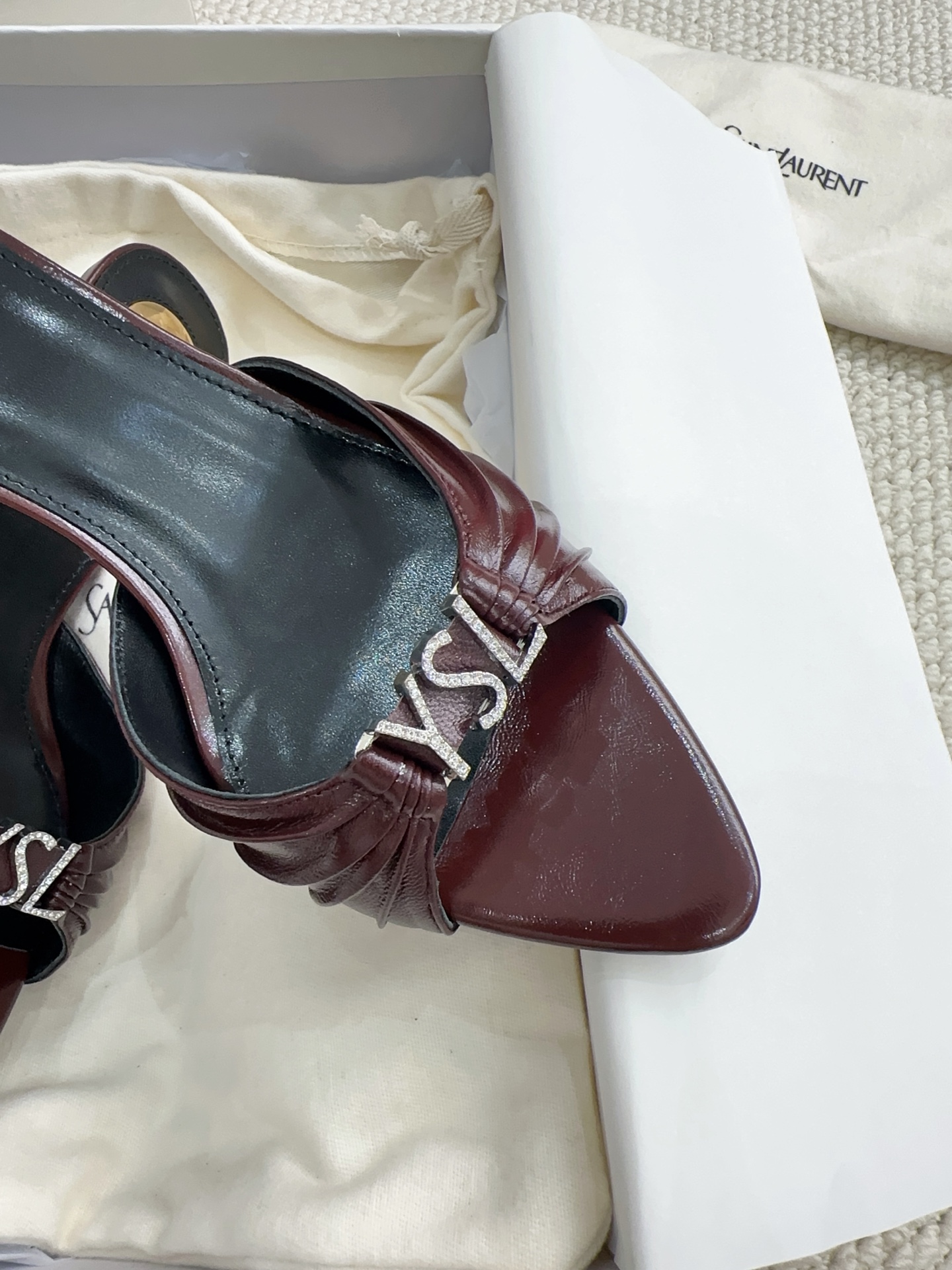 YSL Burgundy Crystal Logo Heel Slides