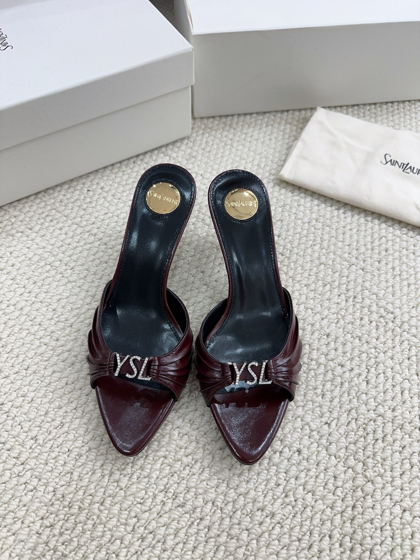 YSL Burgundy Crystal Logo Heel Slides