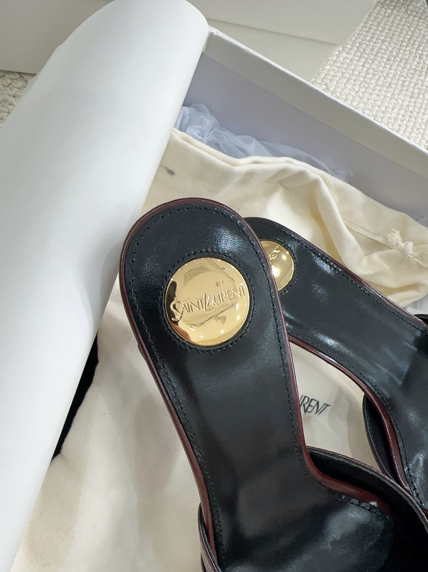 YSL Burgundy Crystal Logo Heel Slides