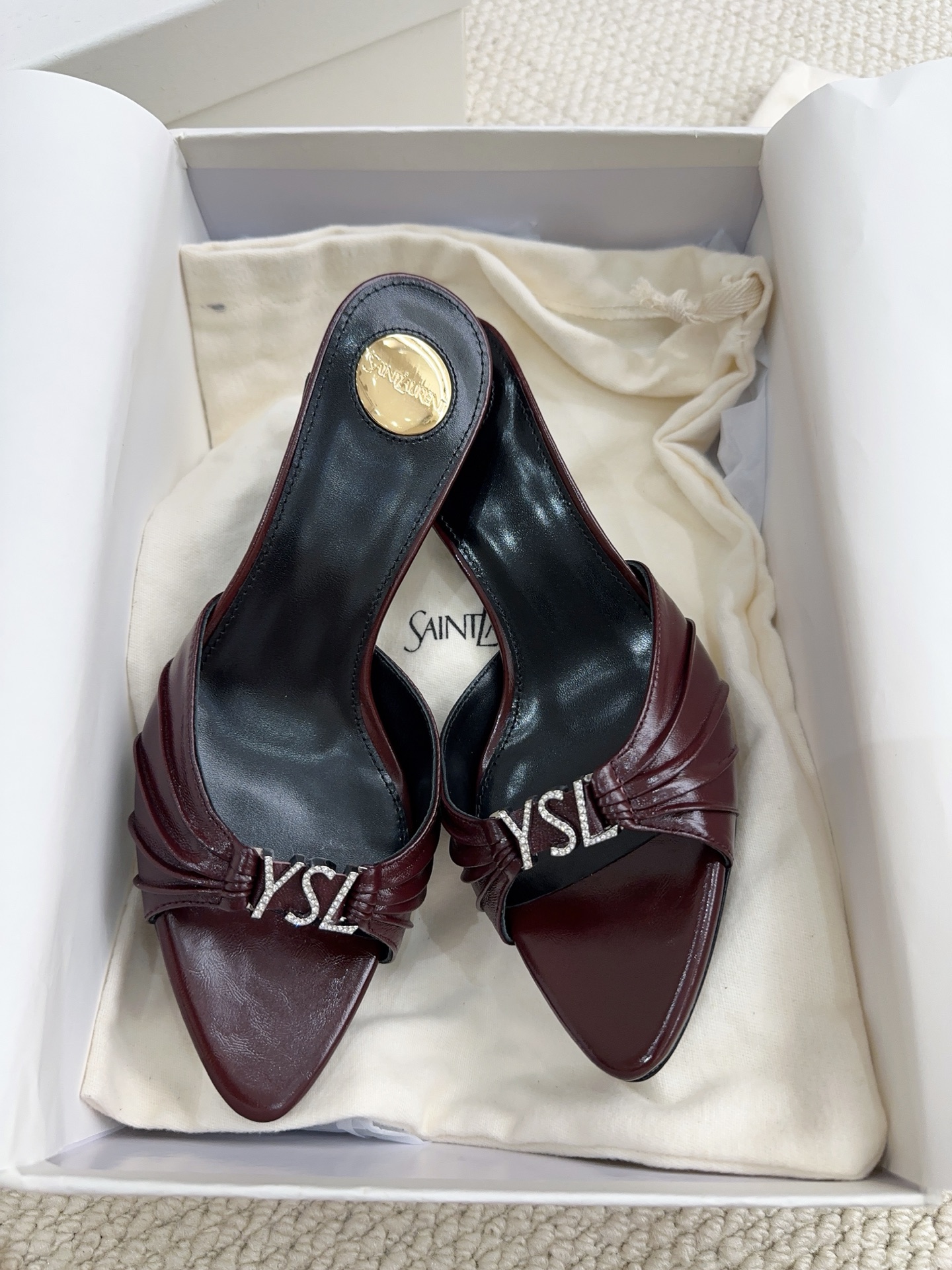 YSL Burgundy Crystal Logo Heel Slides