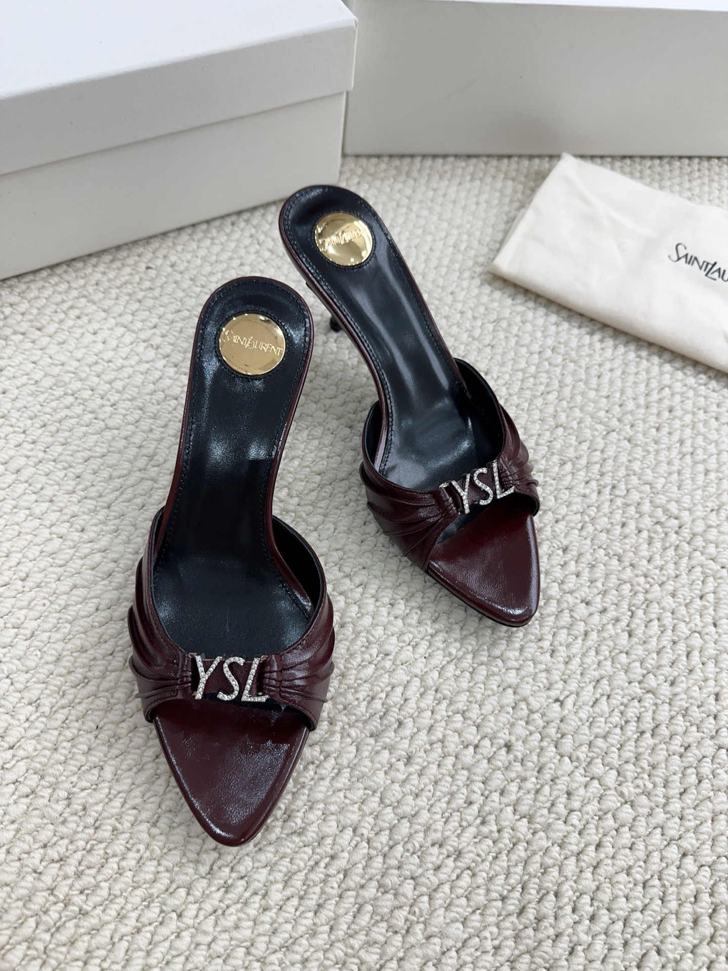 YSL Burgundy Crystal Logo Heel Slides