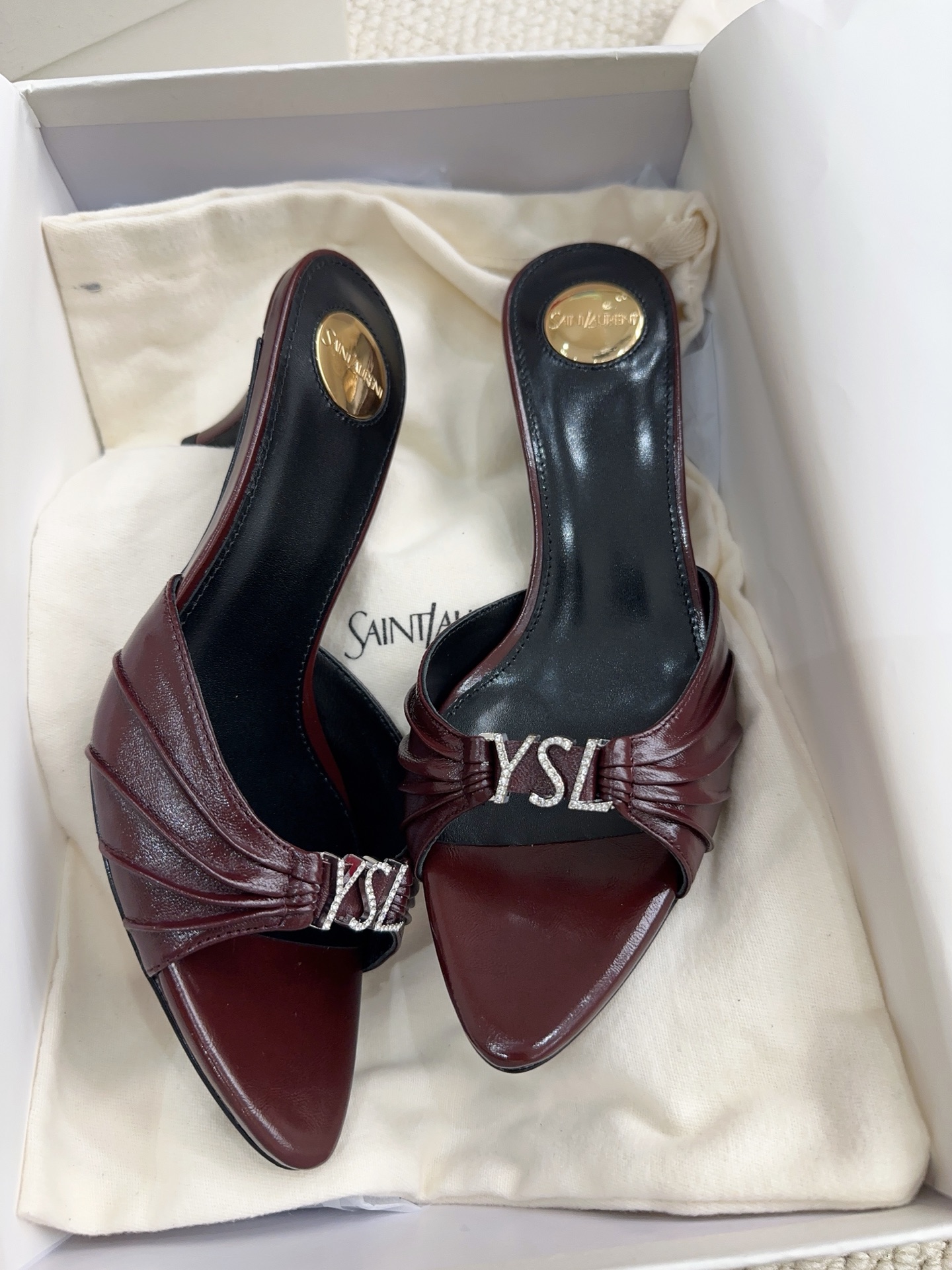 YSL Burgundy Crystal Logo Heel Slides