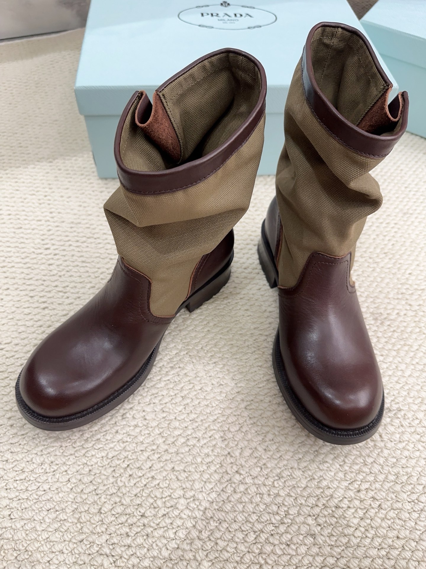 Prada Canvas & Leather Buckle Mid-Calf Boots