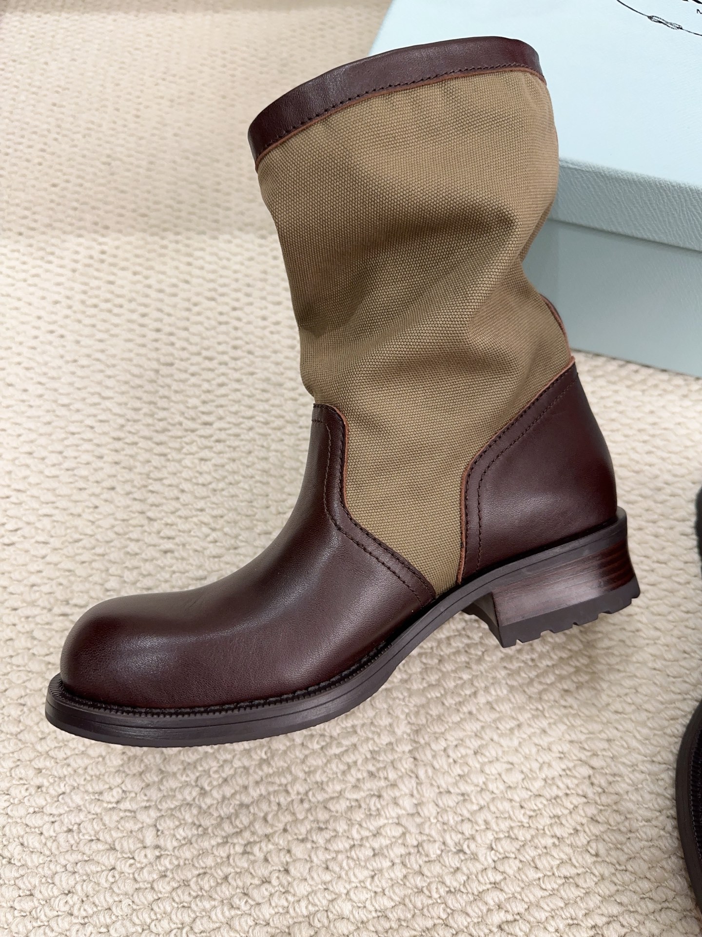 Prada Canvas & Leather Buckle Mid-Calf Boots