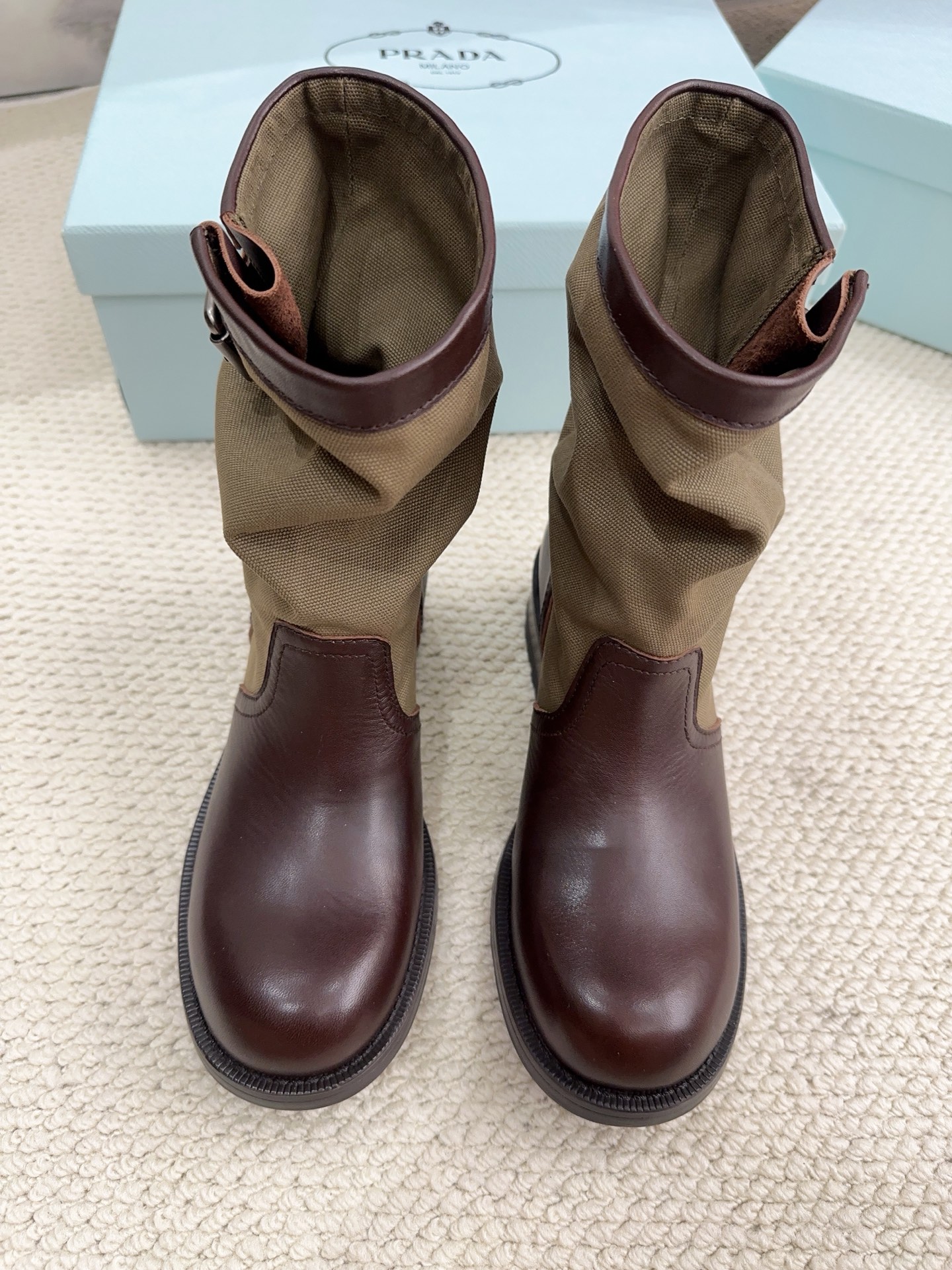 Prada Canvas & Leather Buckle Mid-Calf Boots