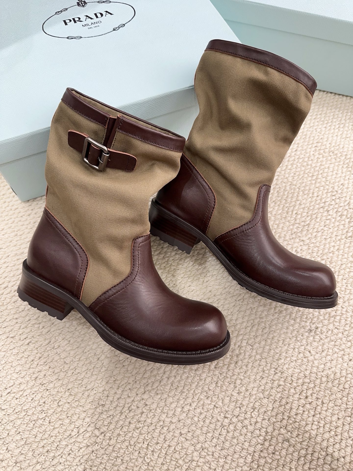Prada Canvas & Leather Buckle Mid-Calf Boots
