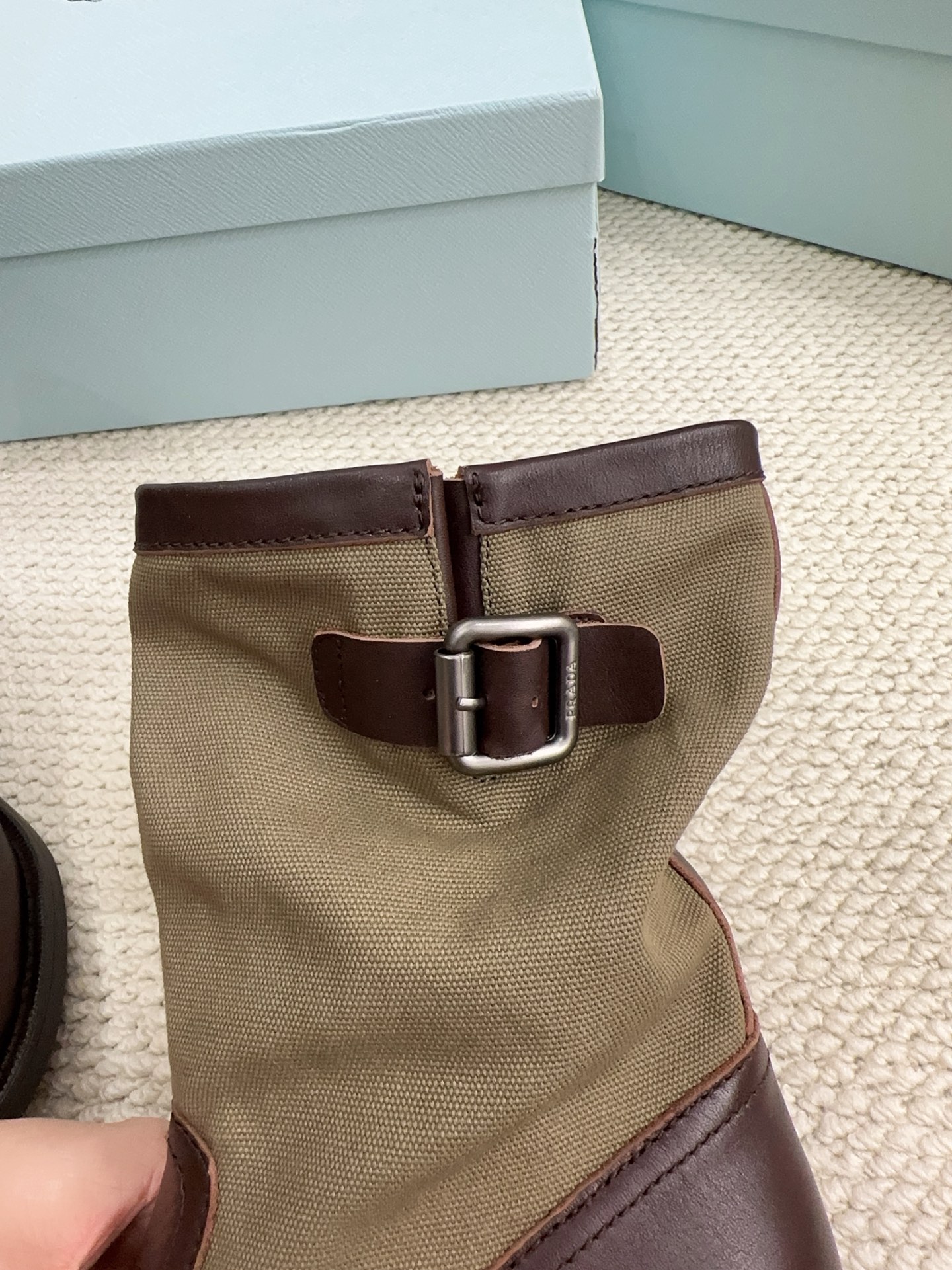 Prada Canvas & Leather Buckle Mid-Calf Boots