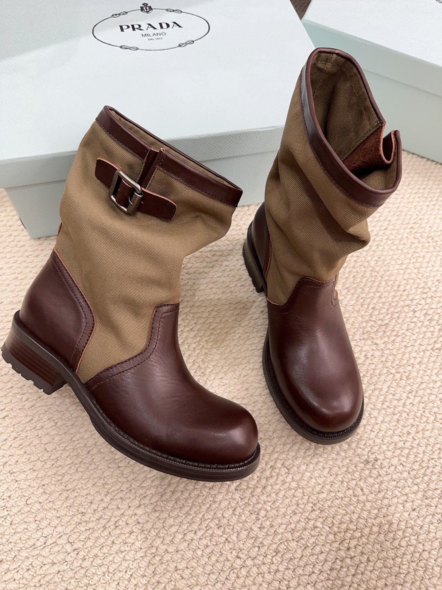 Prada Canvas & Leather Buckle Mid-Calf Boots
