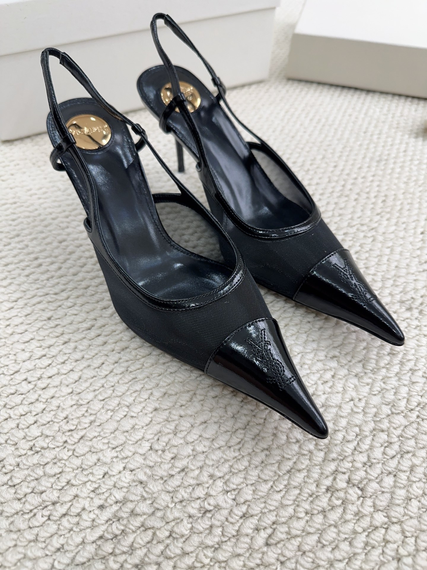 YSL Black Mesh Slingback Heels