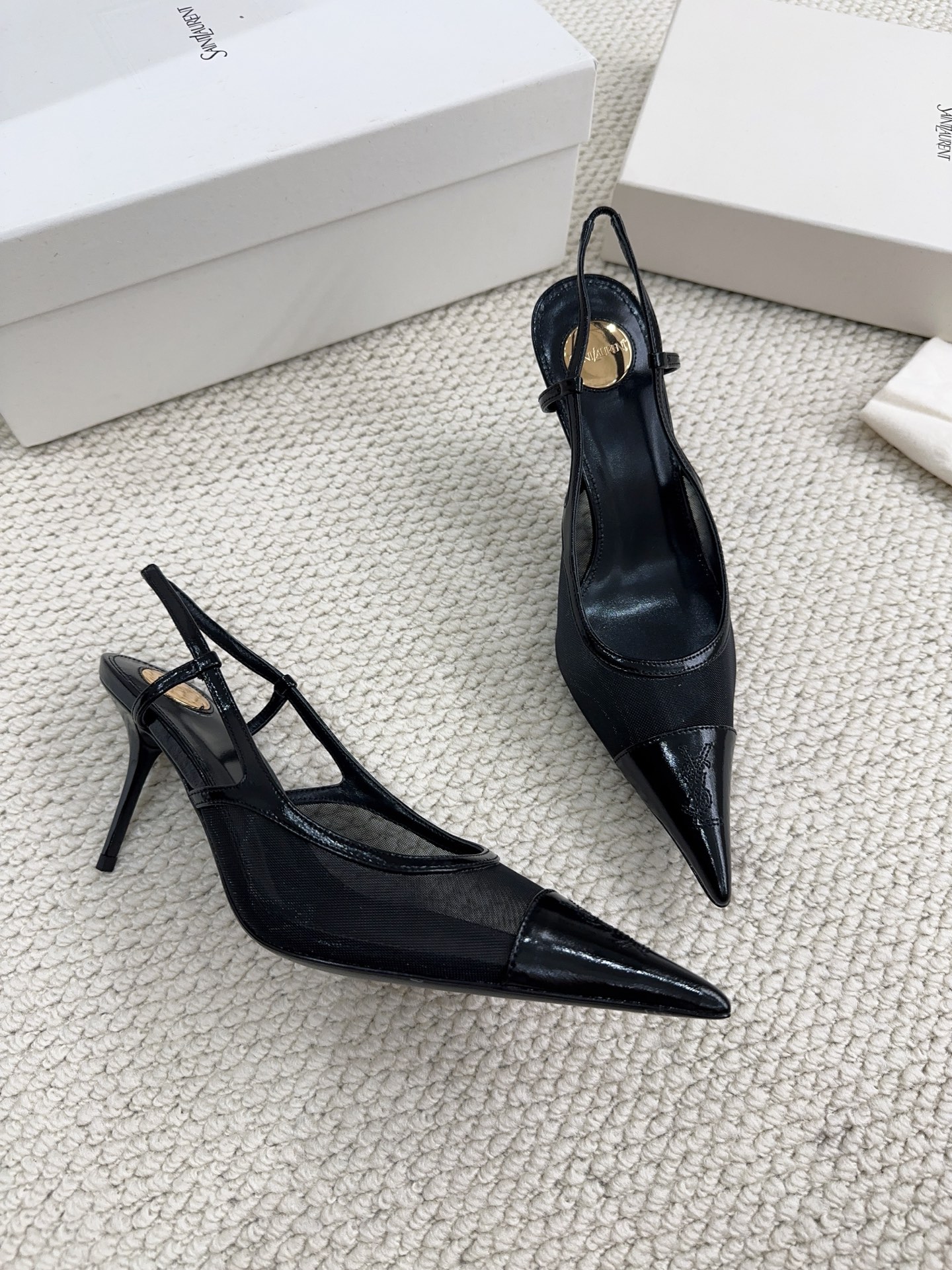 YSL Black Mesh Slingback Heels