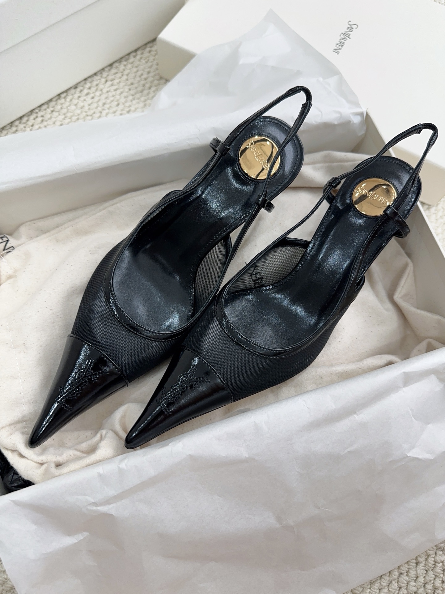 YSL Black Mesh Slingback Heels