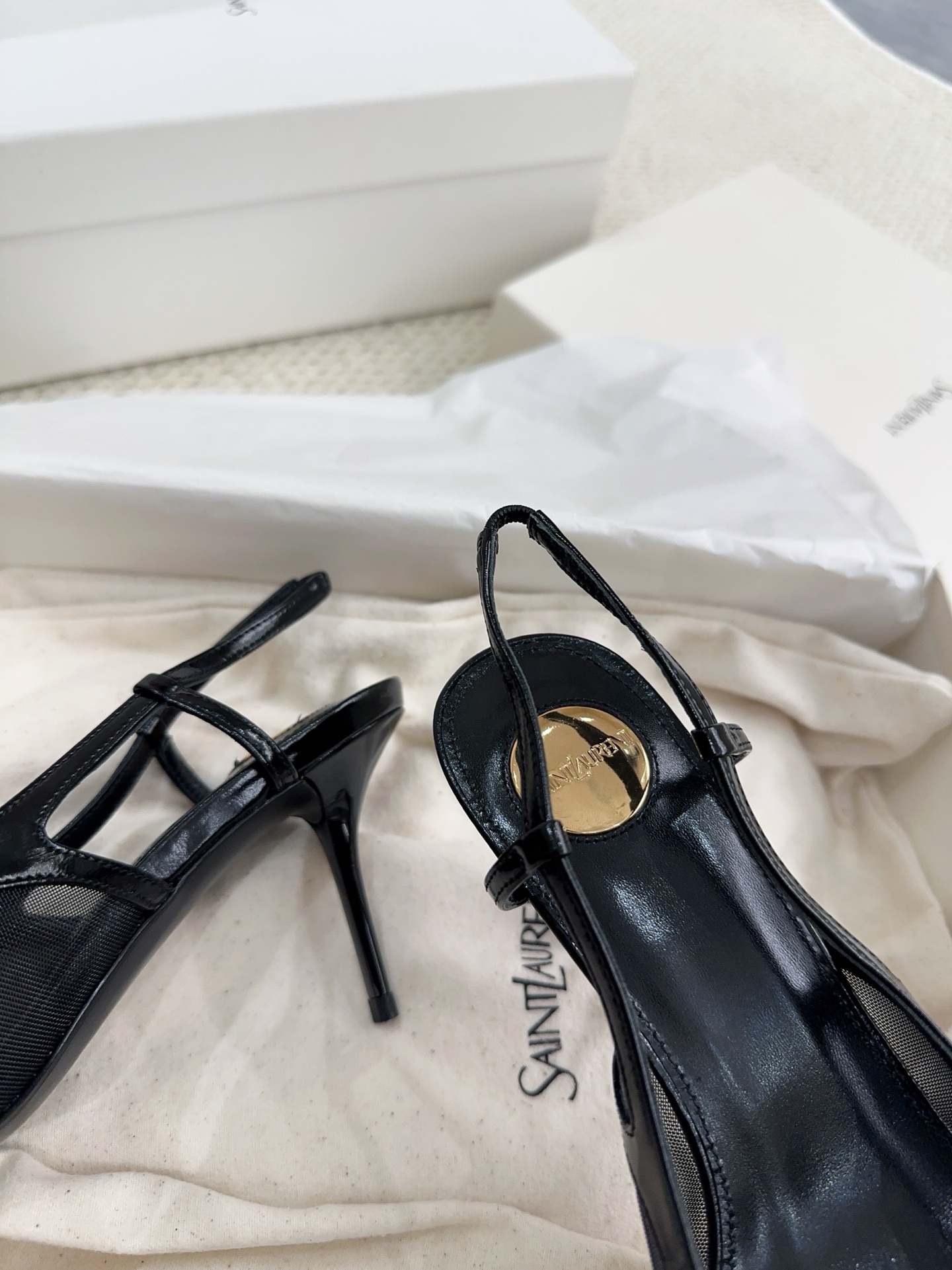 YSL Black Mesh Slingback Heels