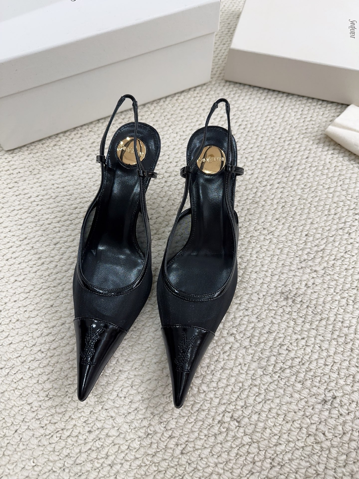 YSL Black Mesh Slingback Heels