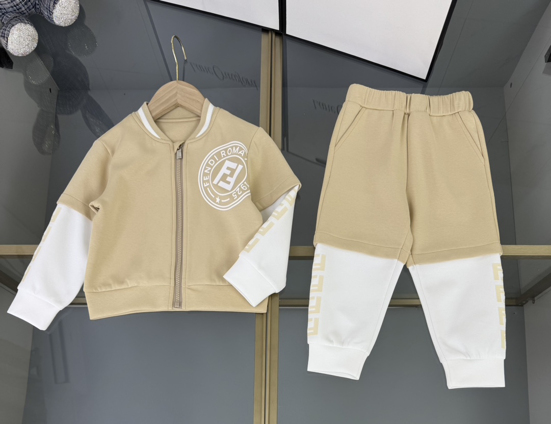 Fendi Baseball Kraag Rits Set voor kinderen, Beige/Wit, Maat 100-150