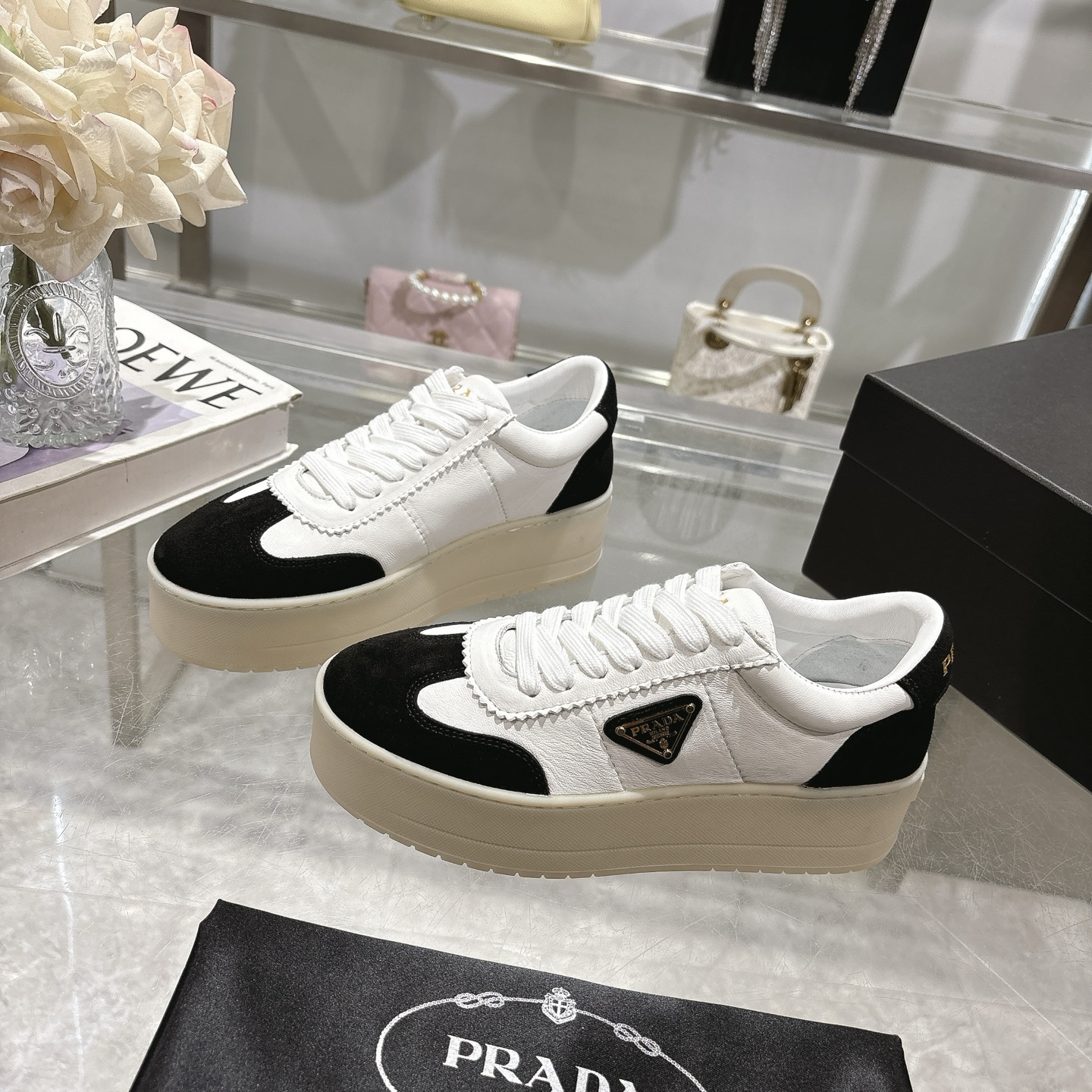 Prada Women's Leather Platform Sneakers, Black & White, Size 35-40 2 i1741811293691 3591 0 2