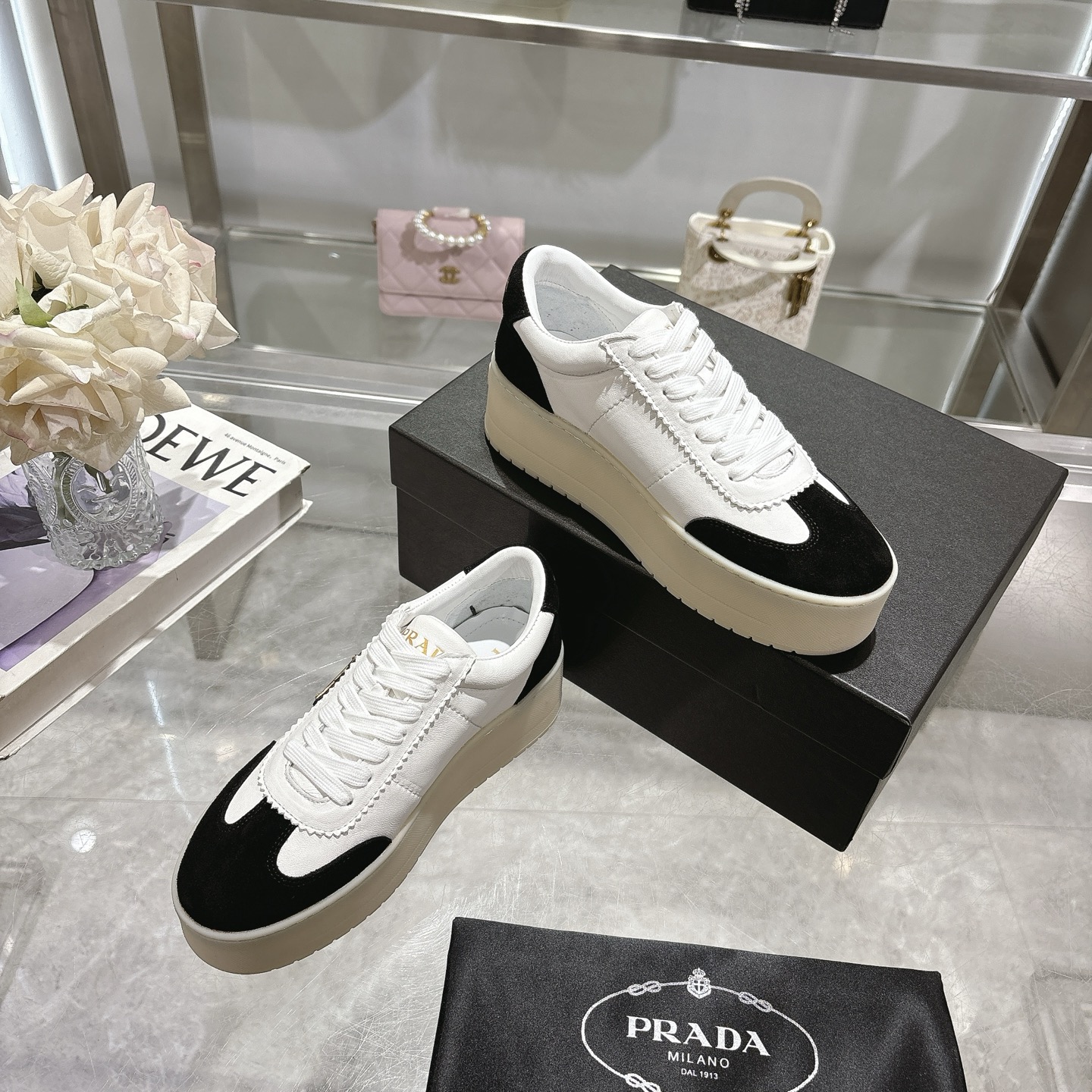Prada Women's Leather Platform Sneakers, Black & White, Size 35-40 7 i1741811293691 4196 0 5