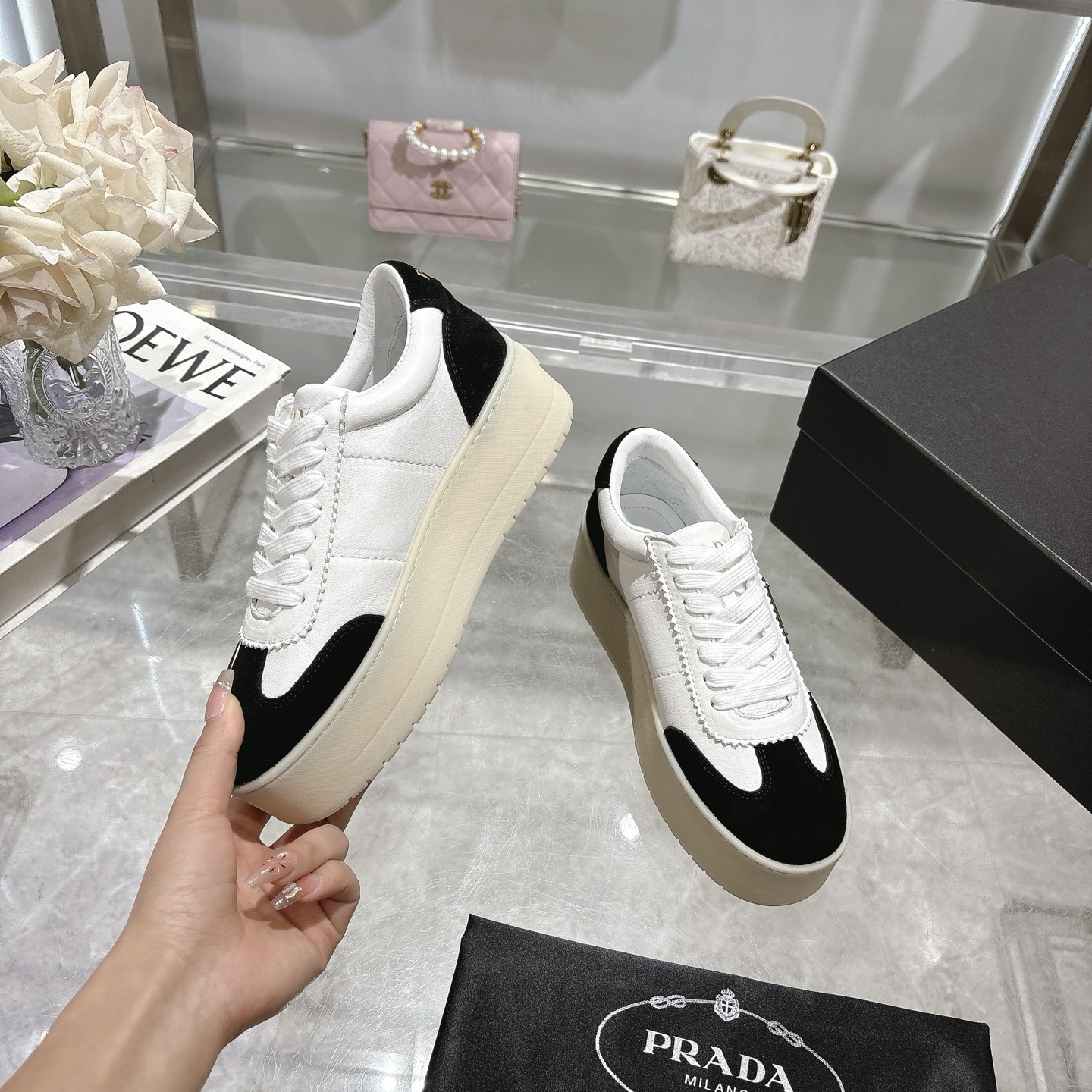 Prada Women's Leather Platform Sneakers, Black & White, Size 35-40 5 i1741811293691 8682 0 3