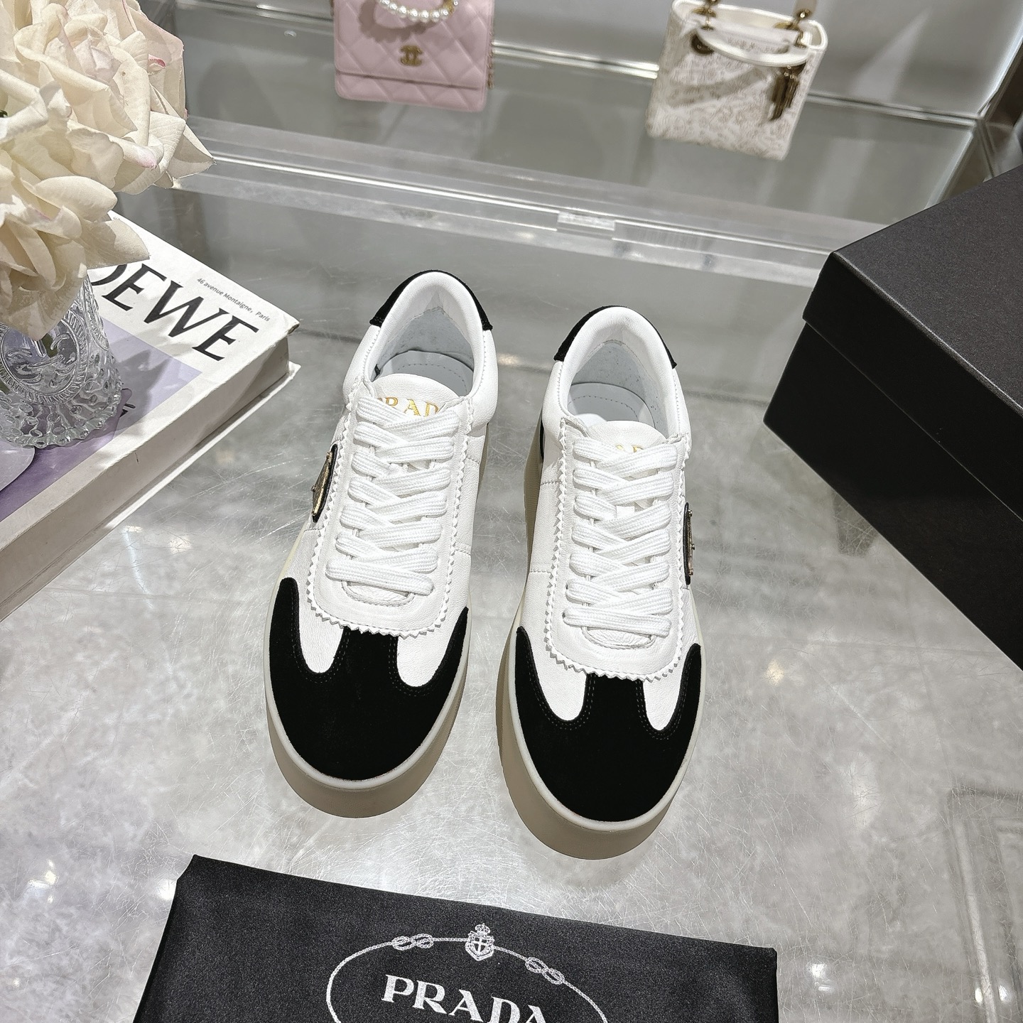 Prada Women's Leather Platform Sneakers, Black & White, Size 35-40 3 i1741811295588 3733 0 0