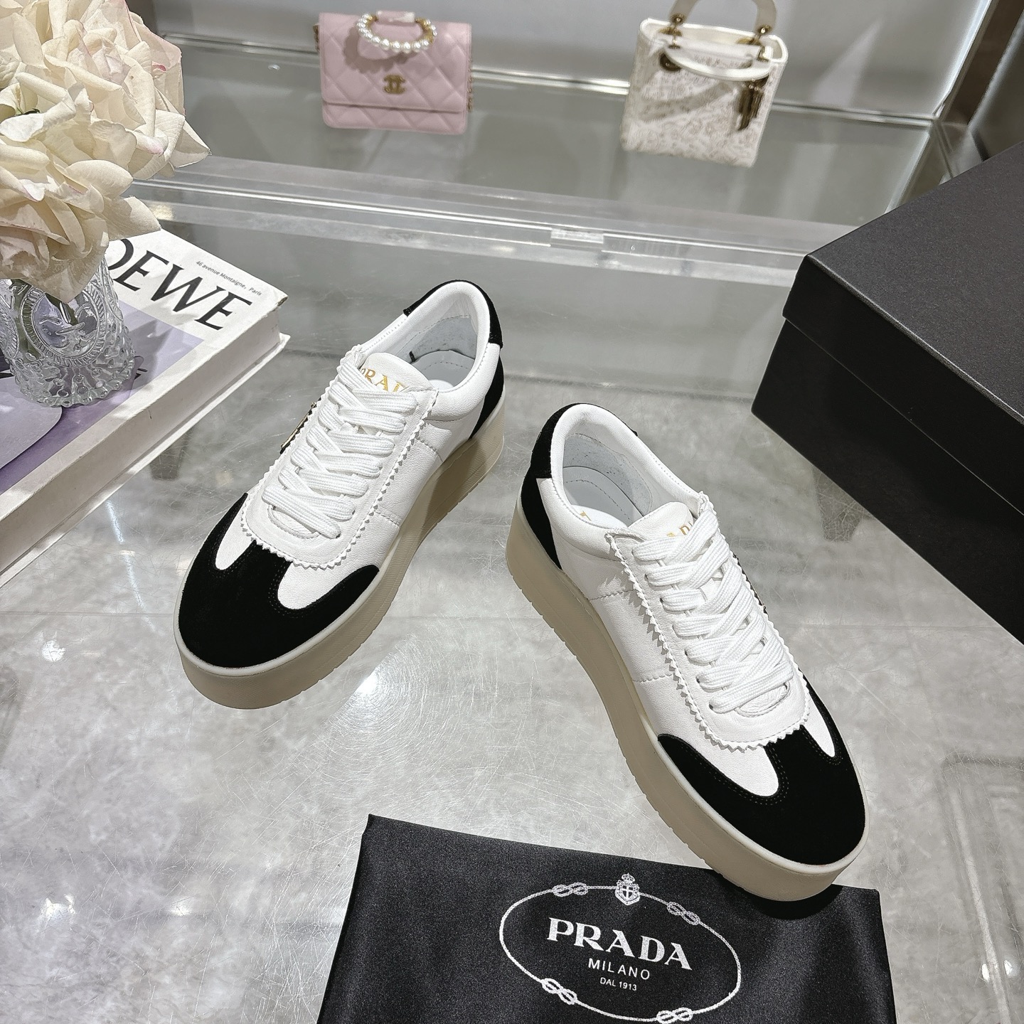 Prada Women's Leather Platform Sneakers, Black & White, Size 35-40 4 i1741811295607 9439 0 1