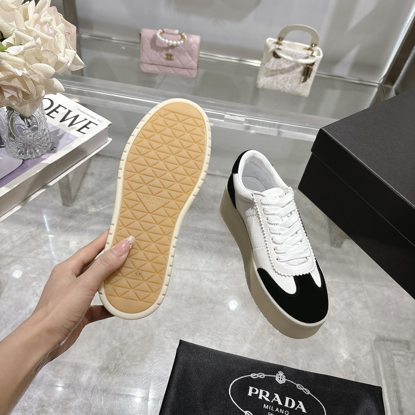 Prada Women's Leather Platform Sneakers, Black & White, Size 35-40 10 i1741811295635 8531 0 8