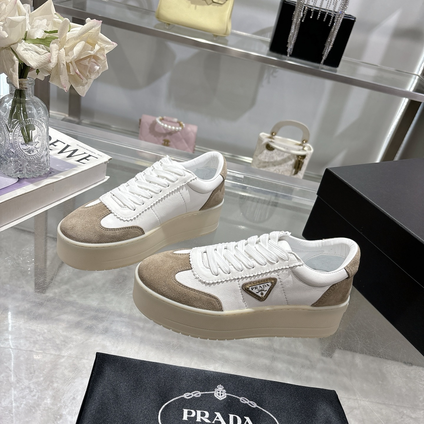 Prada Women's White Leather and Suede Trim Platform Sneakers 1 Prada Women's White Leather and Suede Trim Platform Sneakers