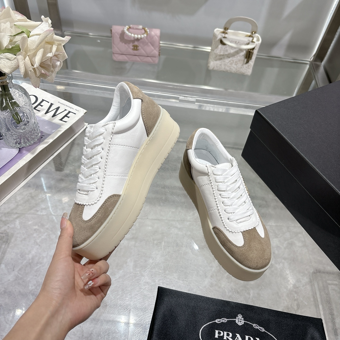 Prada Women's White Leather and Suede Trim Platform Sneakers 5 i1741811468650 9001 0 3