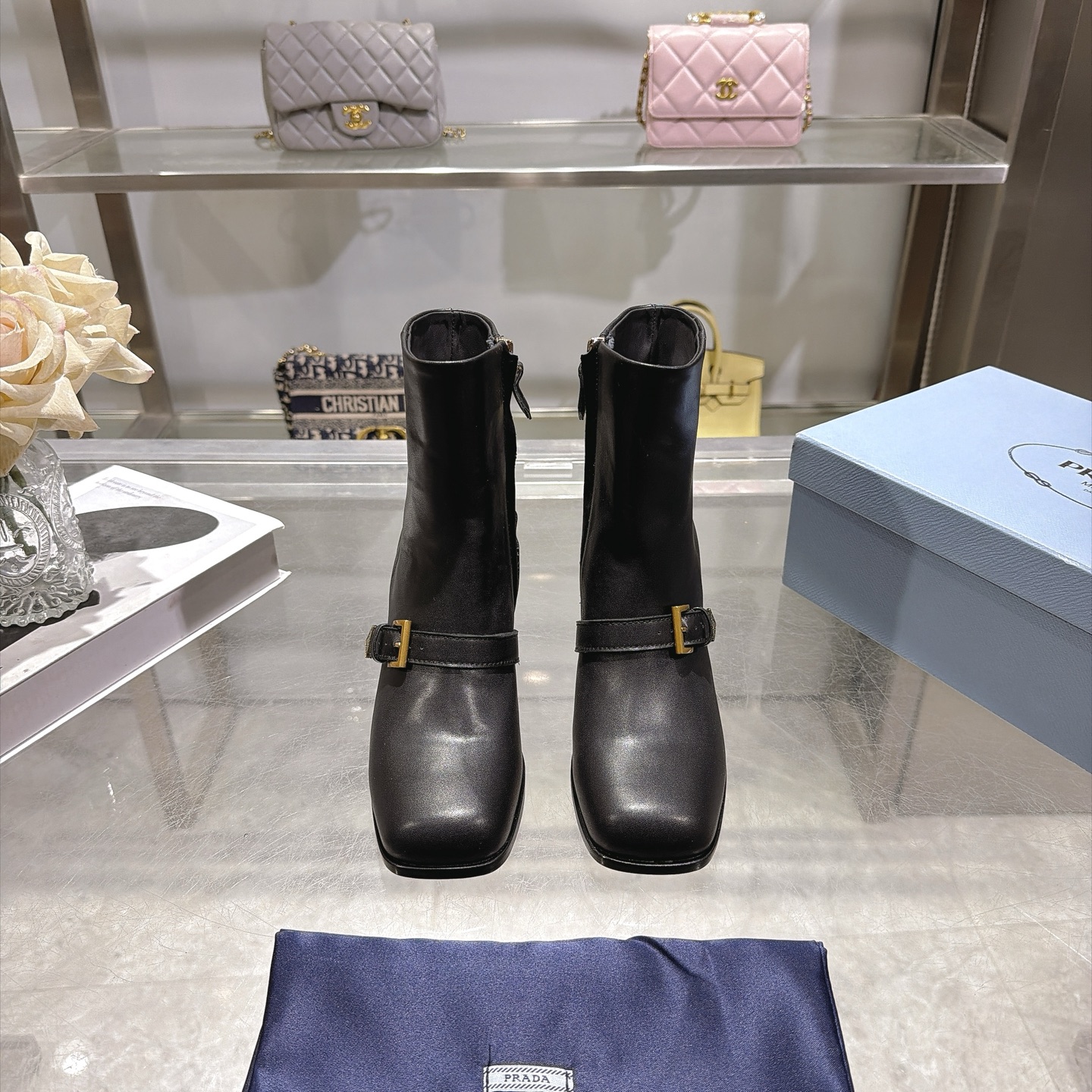PRADA Ankle Boots Black Leather Metal Buckle Chunky Heel