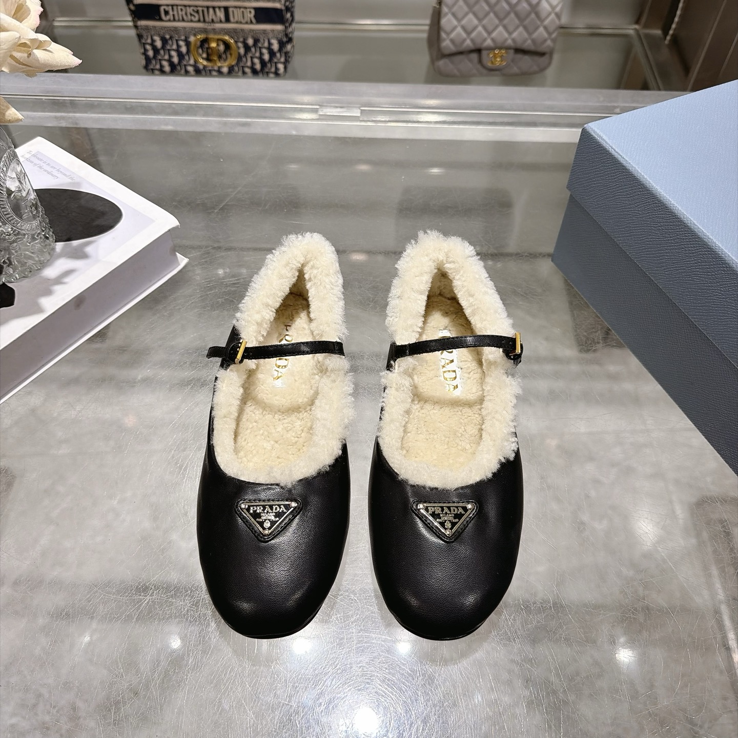 Prada Black Fuzzy Trim Mary Jane Flats
