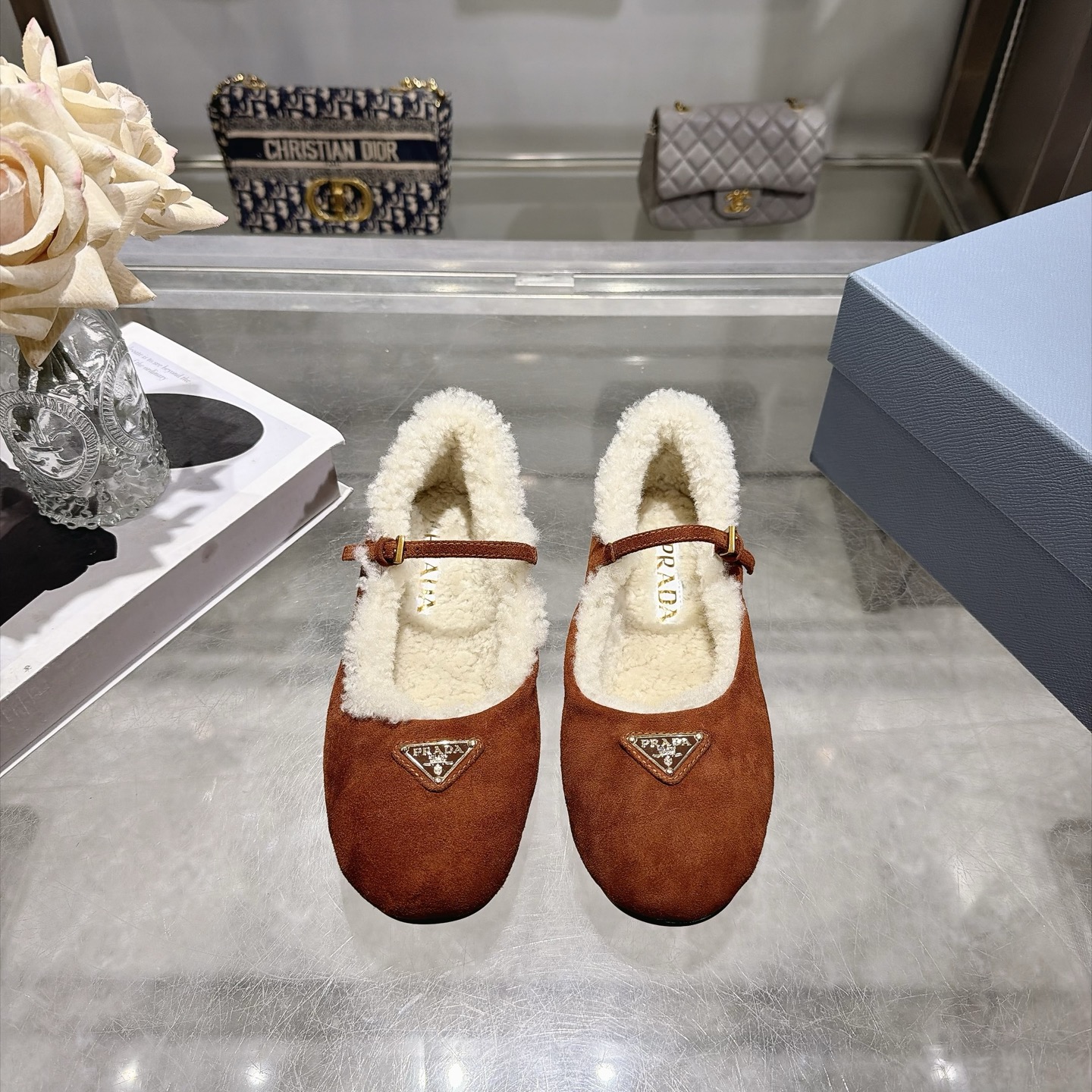 Prada Brown Fuzzy Trim Mary Jane Flats