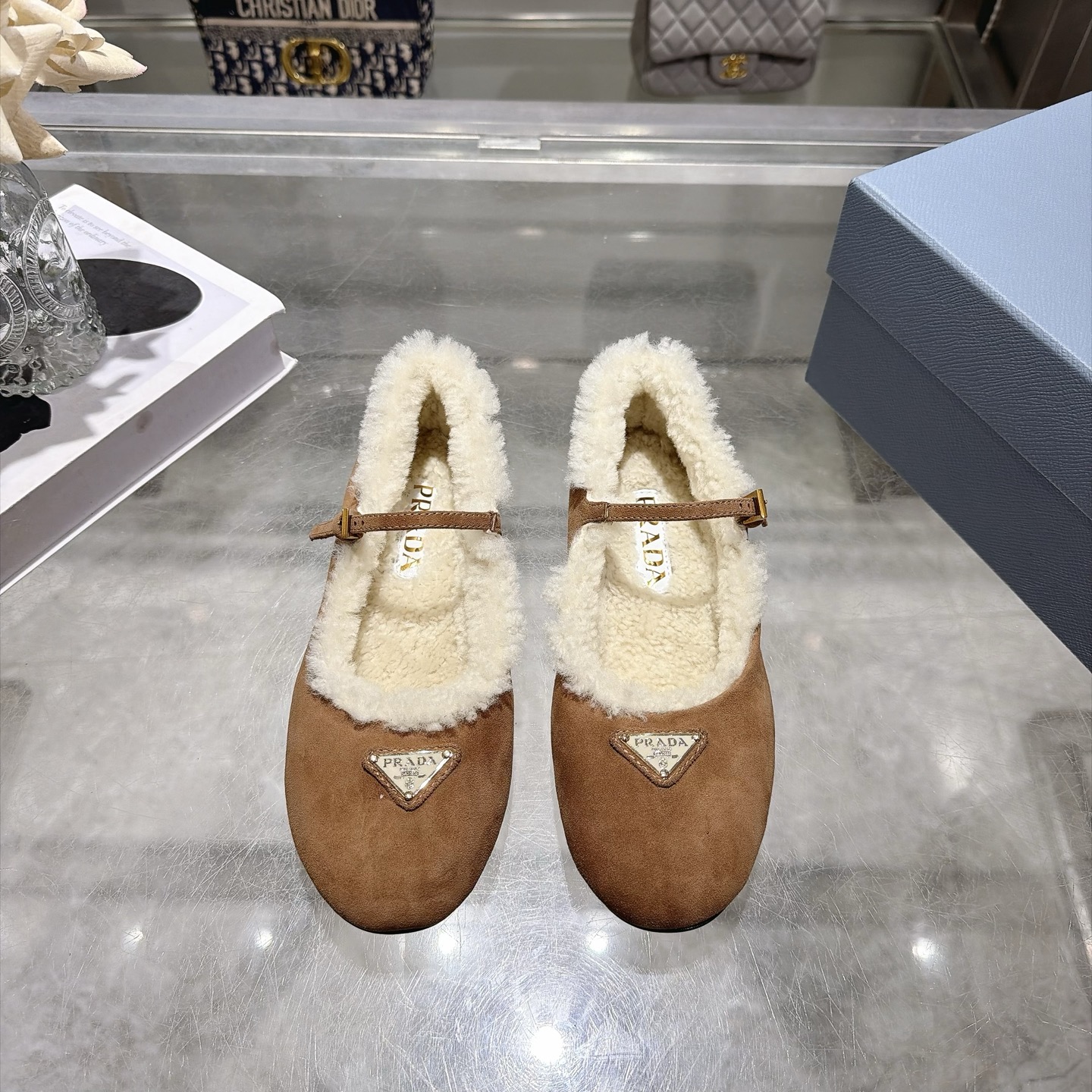 Prada Tan Fuzzy Trim Mary Jane Flats