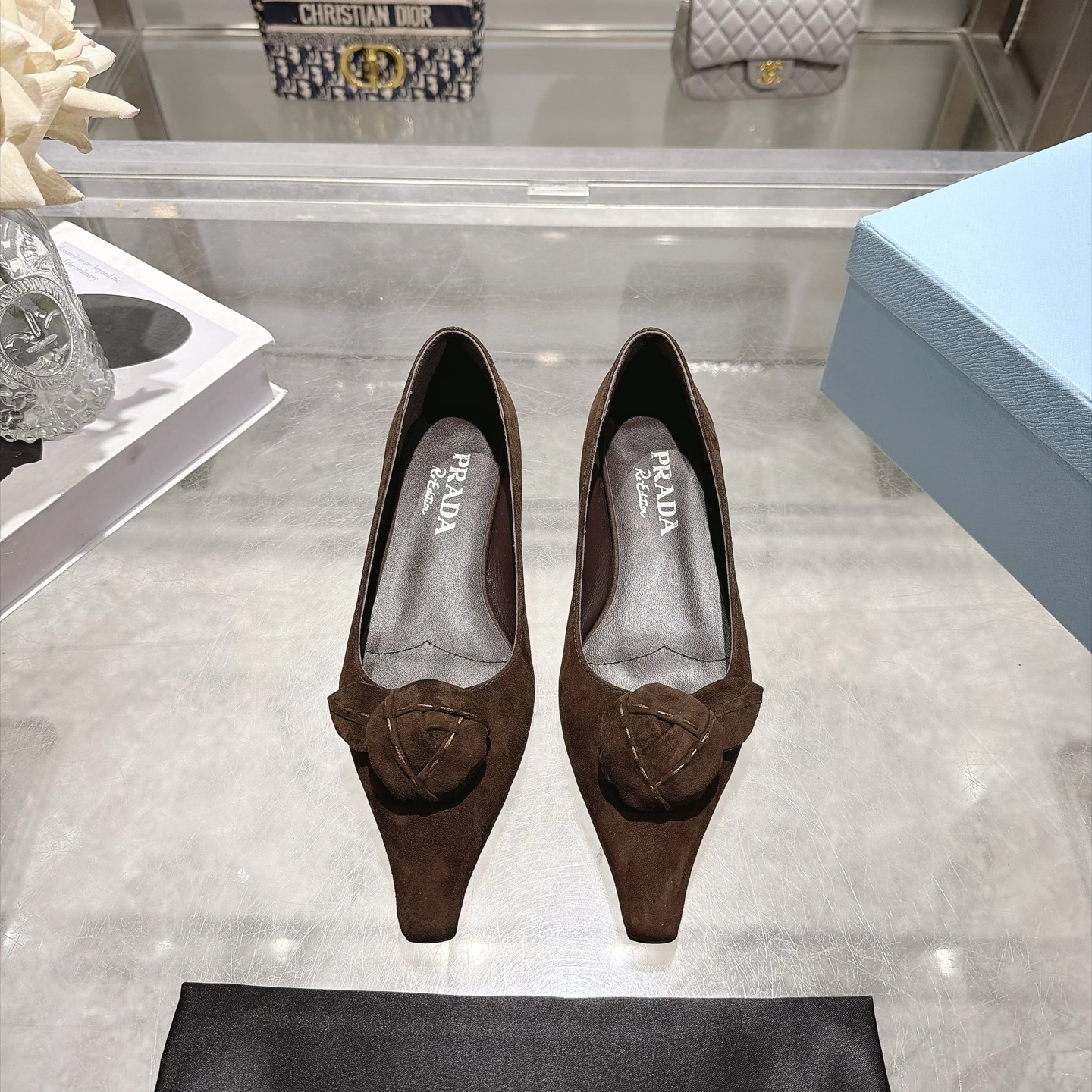 Prada Brown Bow Square Toe Pumps