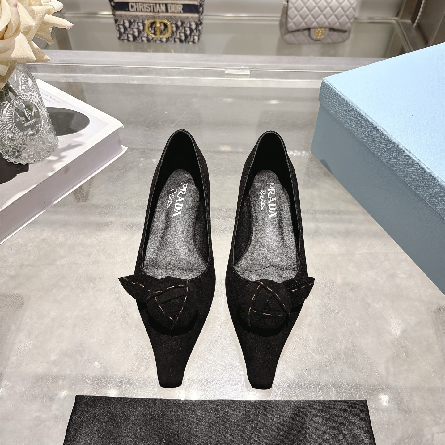 Prada Black Bow Square Toe Pumps