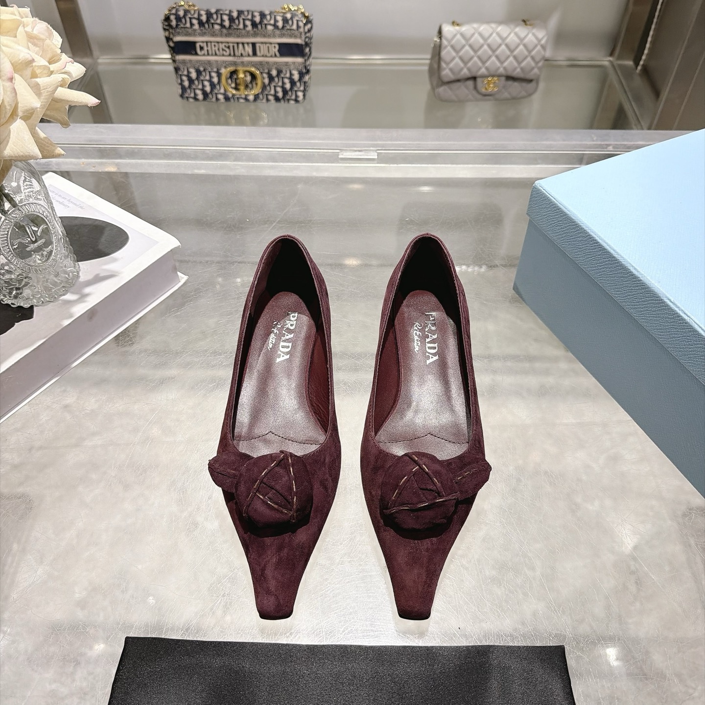 Prada Burgundy Bow Square Toe Pumps