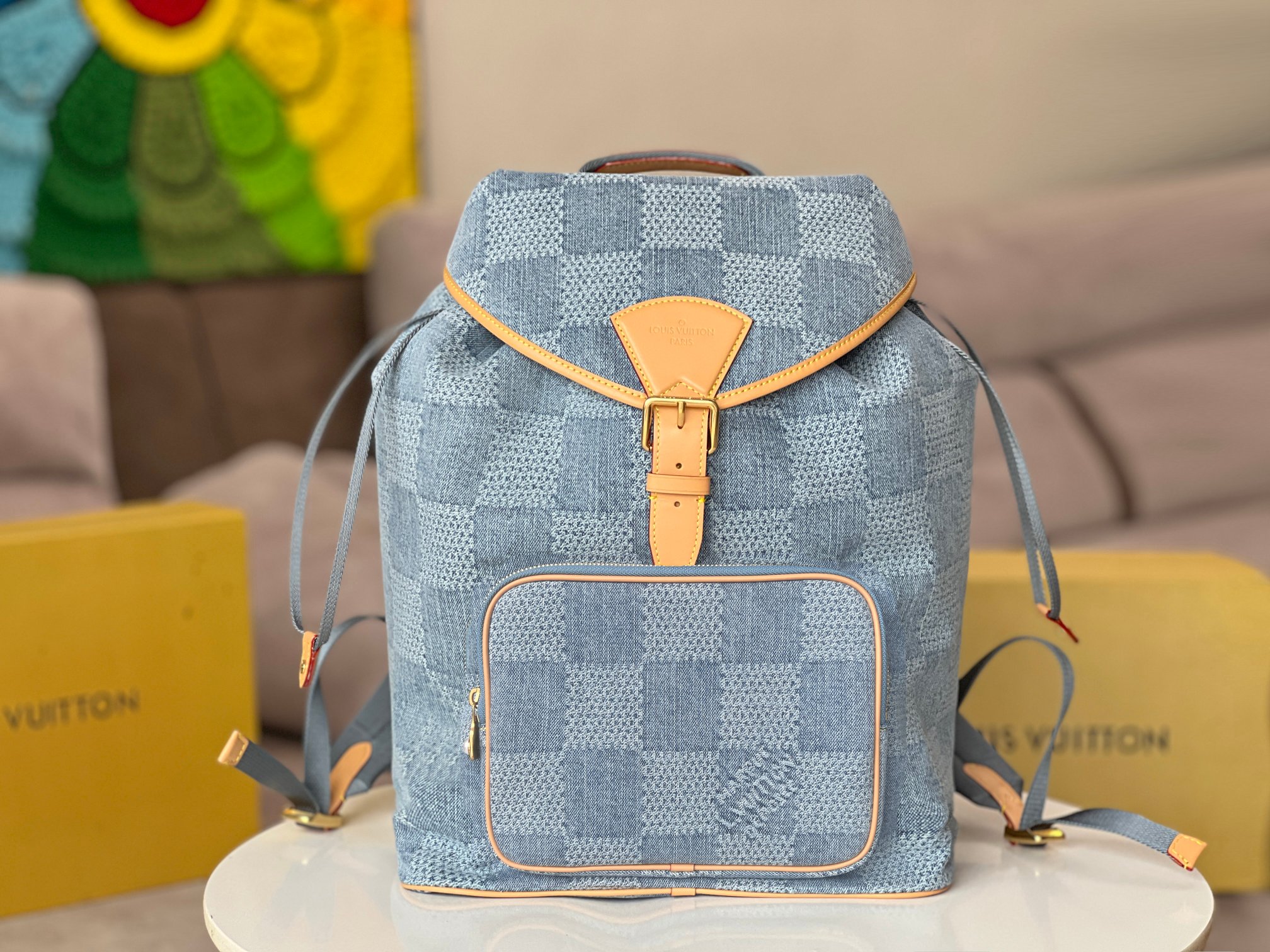 NO:200641,Top original single code chip, model N40708 top original single Montsouris backpack plastered with Monogram yellow leather pattern on faded denim, creating a personal choice beyond classic design. Drawstrings are closed and soft configuration, retro labels are derived from brand collection. 32.0 x 40.0 x 19.0 cm (Length x Height x Width) 006500, LV [Top original single], louis vuitton19860909顶级原单编码芯片,型号 N40708顶级原单 Montsouris 双肩包将 Monogram 黄皮配图案压格于褪色丹宁布,成就经典设计之外的个性选择.抽绳收拢柔软构型,复古标签源自品牌典藏.32.0 x 40.0 x 19.0 厘米 (长 x 高 x 宽)006500,LV【顶级原单】,louis vuitton,Bag