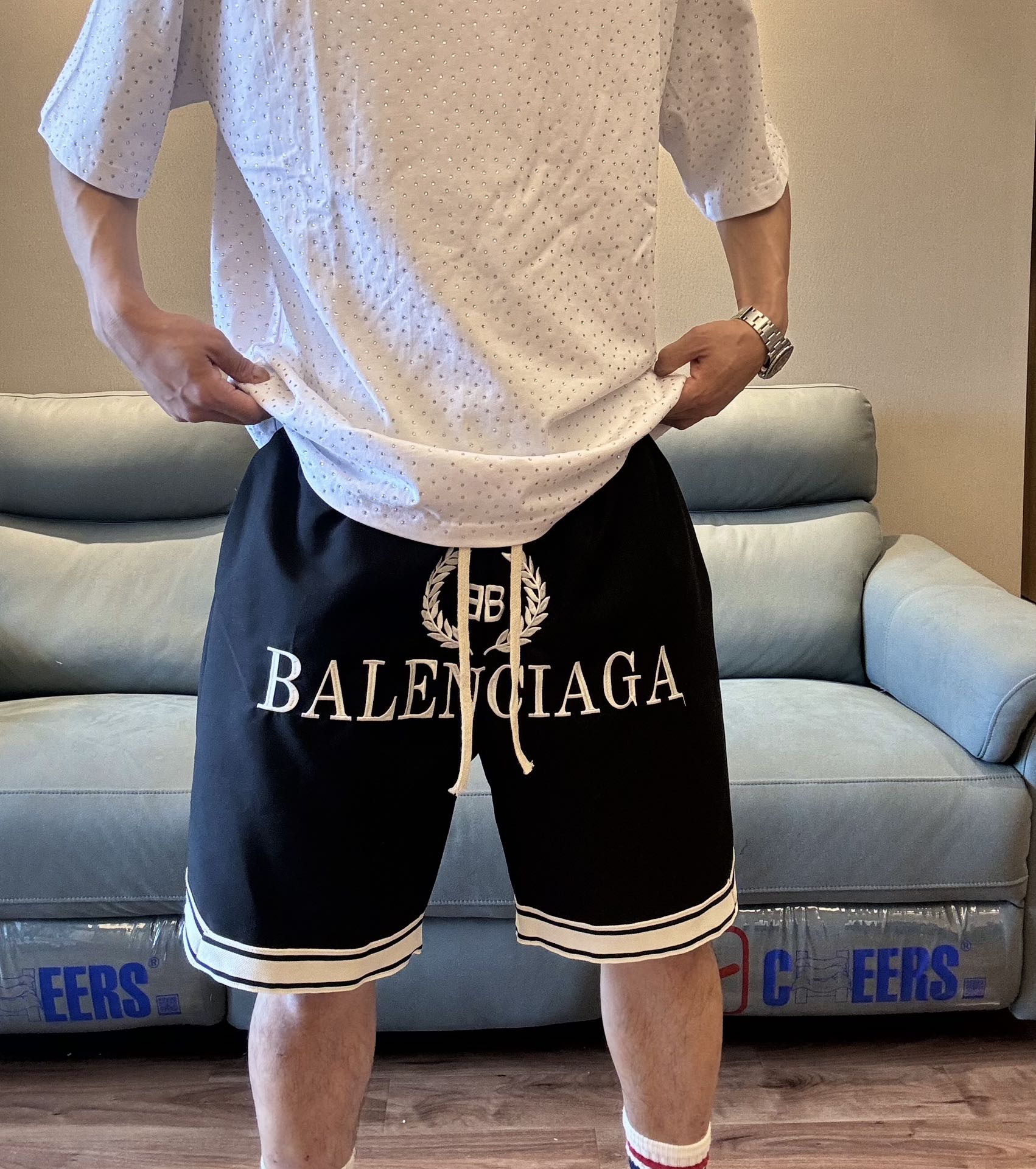 Balenciaga Kleding Korte Broek Zwart Wit Borduurwerk Unisex Katoen Zomercollectie Breed been