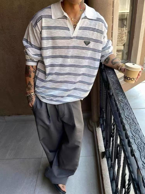 Prada Striped Knit Polo Shirt - V-Neck, Long Sleeve, Designer Fashion 4 Prada Striped Knit Polo Shirt - V-Neck, Long Sleeve, Designer Fashion