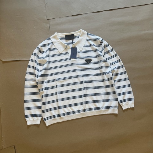 Prada Striped Polo Knit Long Sleeve Shirt - White & Blue, Classic Logo 1 Prada Striped Polo Knit Long Sleeve Shirt - White & Blue, Classic Logo