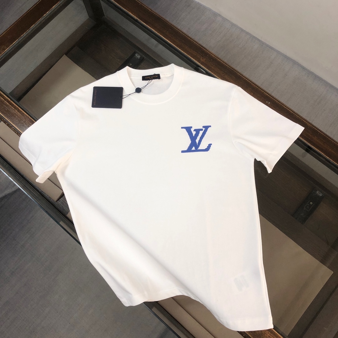 Louis Vuitton Clothing T-Shirt Beige Black White Men Cotton Summer Collection Fashion Short Sleeve